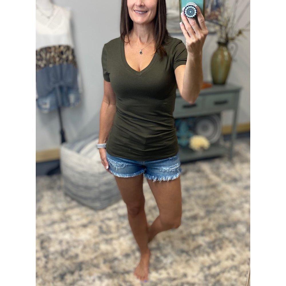 ❤️‍🔥V-Neck Cotton Basic Baby Tee Dark Olive 2921